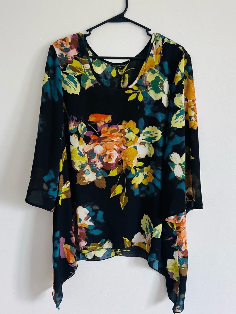 Unique Spectrum Black Floral Chiffon Tunic with Teal and Mustard Accents